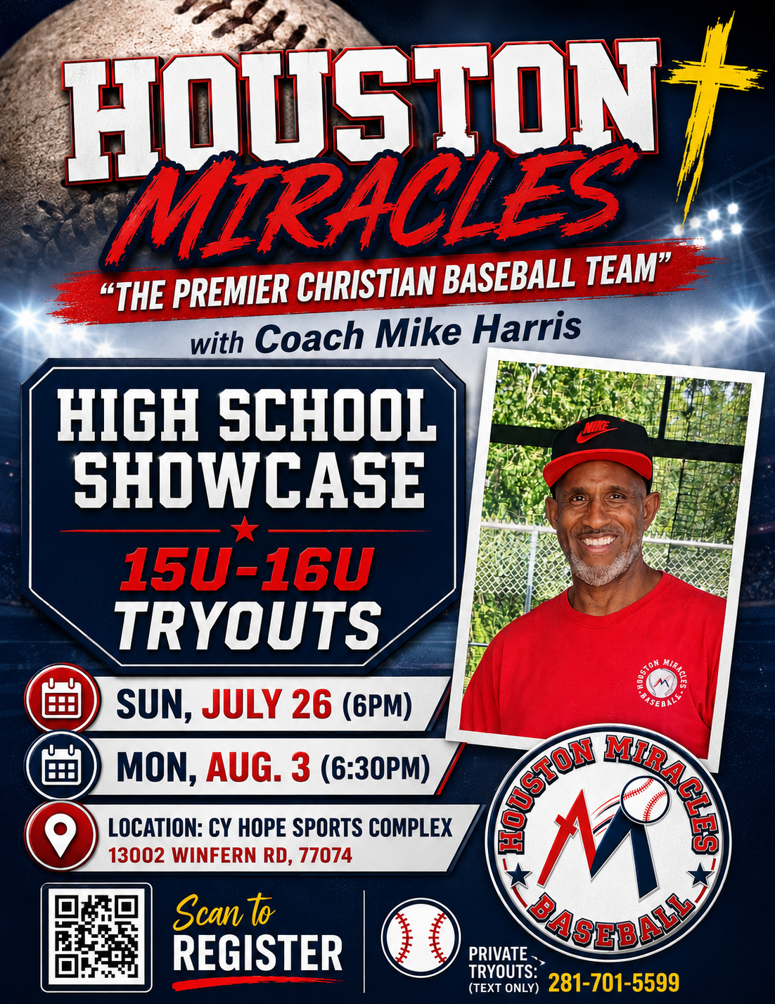 Houston Miracles 15U-16U Tryouts — Wed July 22 at 7pm and Sun July 26 at 6pm at Cy Hope Sports Complex, 13002 Windfern Rd 77064