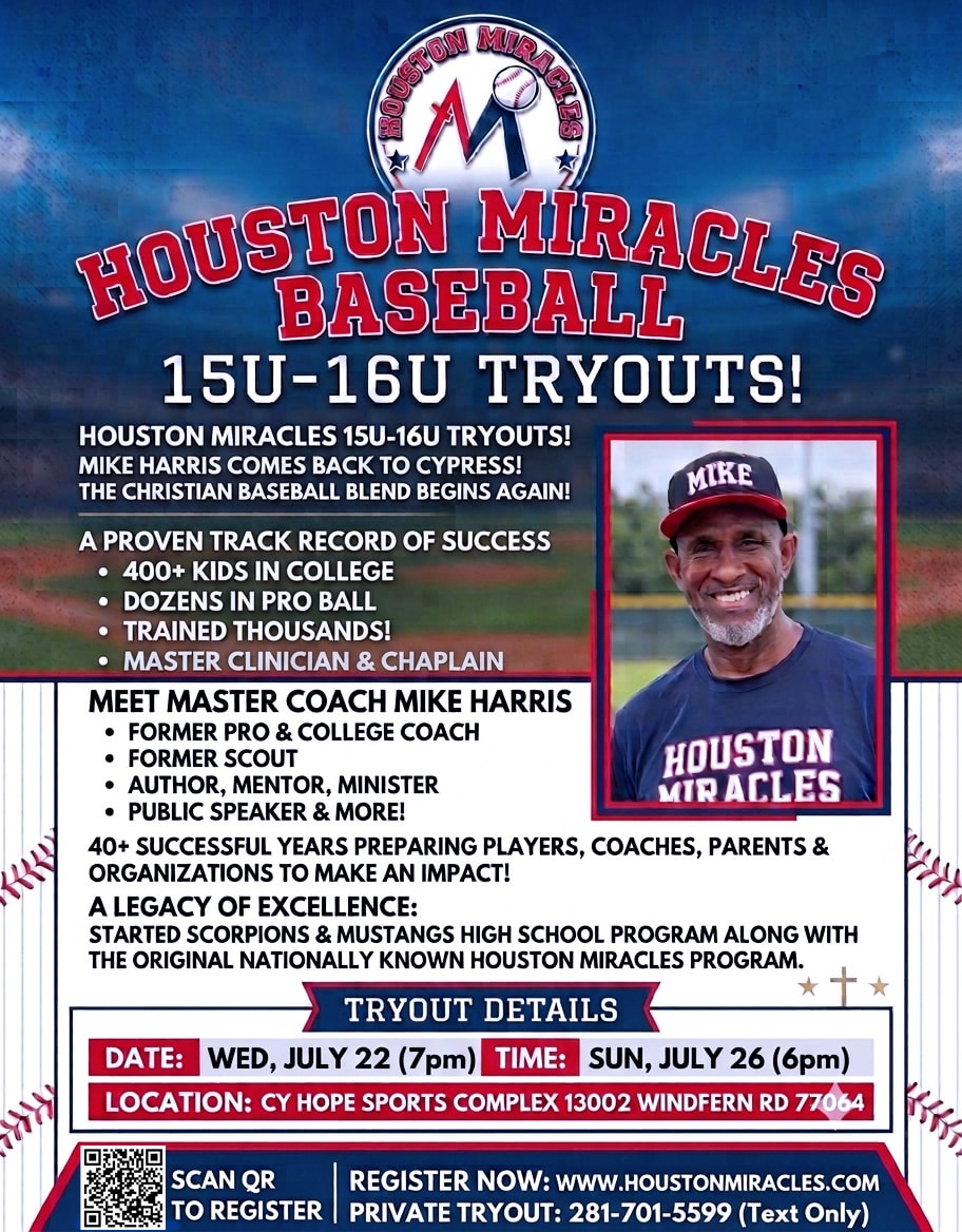 Houston Miracles High School Showcase 15U-16U Tryouts — Sun July 26 at 6pm and Mon Aug 3 at 6:30pm at Cy Hope Sports Complex, 13002 Winfern Rd 77074
